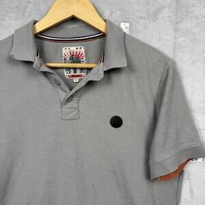 Indigo Japan Post Grey Polo Shirt size M Mt. Fuji Graphic Patch Japanese Y2K